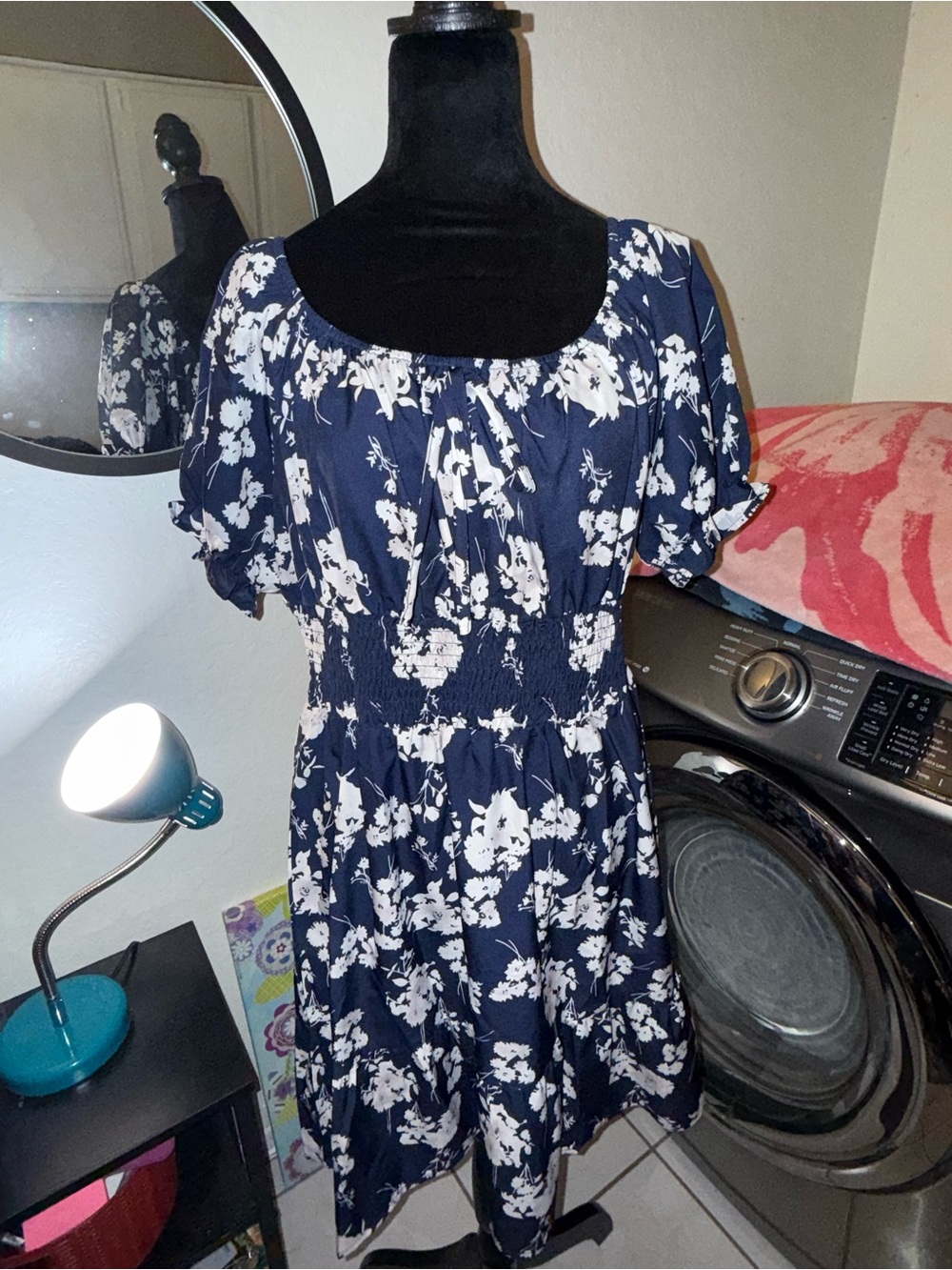SHEIN Navy Floral Square Neck Puff Sleeve Midi Dress